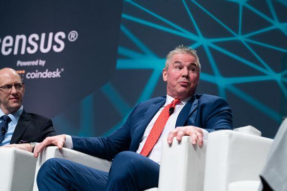  ErisX's CEO Thomas Chippas (left) and Steven Quirk, executive vice president of Education TD Ameritrade speak at CoinDesk's Consensus in May 2019