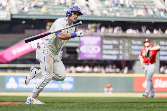 Jarred Kelenic of the Seattle Mariners hits a two-run bomb. (Steph Chambers/Getty Images)