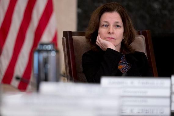 Sarah Bloom Raskin, governor of the U.S. Federal Reserve, listens during an open meeting of the Board of Governors of the Federal Reserve in Washington, D.C. (Andrew Harrer/Bloomberg via Getty Images)