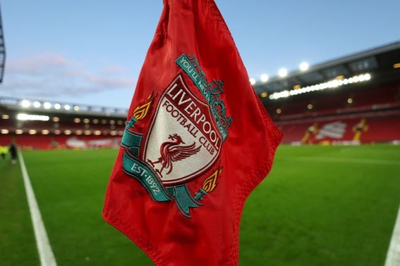LIVERPOOL, ENGLAND - JANUARY 09: A general detail view of the Liverpool badge / logo on a corner flag at Anfield Stadium during the Emirates FA Cup Third Round match between Liverpool and Shrewsbury Town at Anfield on January 9, 2022 in Liverpool, England.