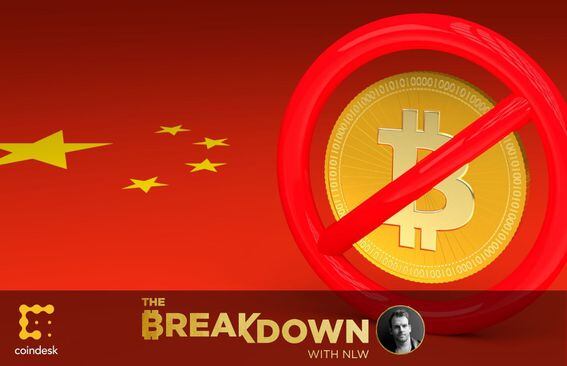 Prohibited symbol with a bitcoin inside with a Chinese flag as the background, as today’s episode discusses possible bitcoin mining bans in China.