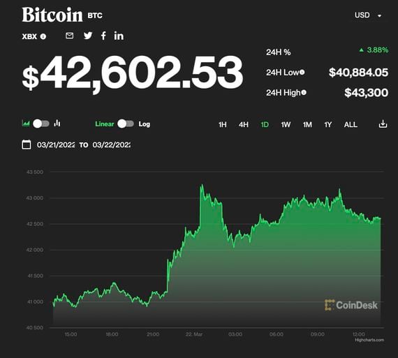 Bitcoin was up 4.1% in the past 24 hours. (CoinDesk)