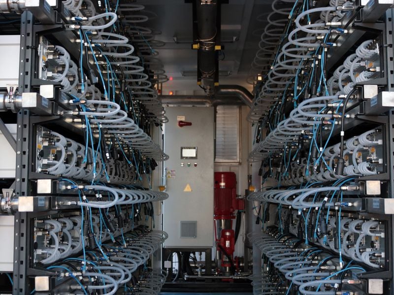 Bitmain Antminer S19 Hydro mining rigs, the company's latest technology, installed at a Merkle Standard facility in Washington state. (Eliza Gkritsi/CoinDesk)