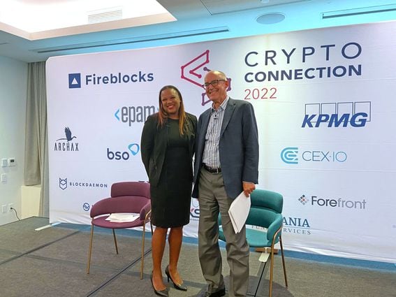 CFTC Commissioner Kristin N. Johnson and Conrad Bahlke, counsel at Willkie Farr & Gallagher at Crypto Connection 2022 (Amitoj Singh/CoinDesk)