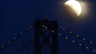 Partial eclipse over a bridge.