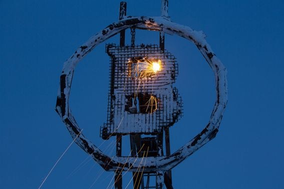 Bitcoin sculpture made from scrap metal outside the BitCluster mining farm in Norilsk, Russia.