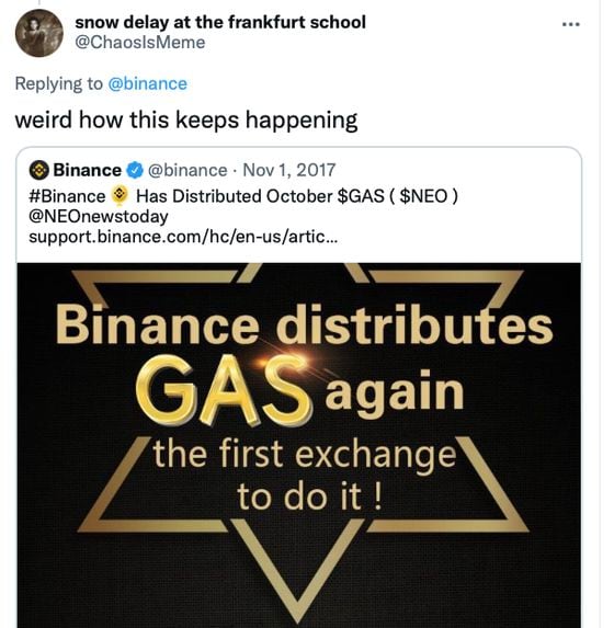Binance deleted this tweet amid the swastika logo fallout on April 20, 2022 (Danny Nelson/CoinDesk)