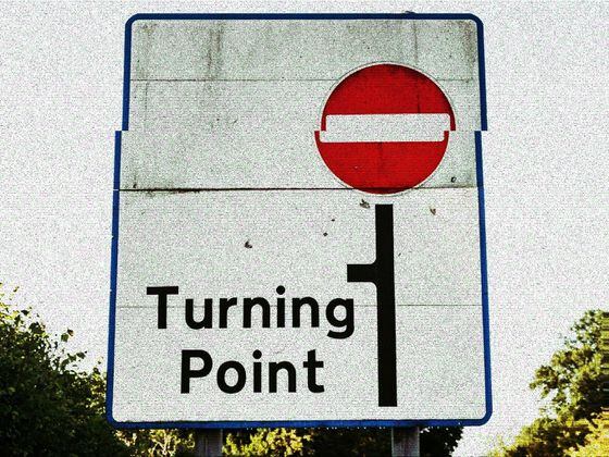 Modified photo of 'turning point' street sign, modified by CoinDesk