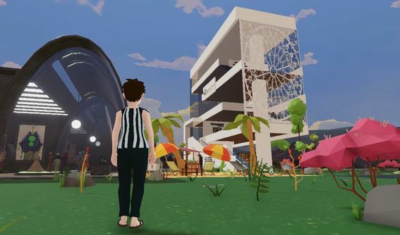A screenshot from inside Metaverse Fashion Week on Decentraland. (Cameron Thompson/CoinDesk)