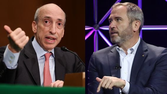 SEC's Gary Gensler and Ripple's CEO Brad Garlinghouse. (Kevin Dietsch/Getty and Scott Moore/Shutterstock/CoinDesk)
