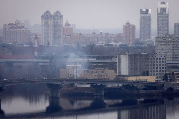 Smoke rises from outside an intelligence building on Feb. 24, 2022 in Kyiv, Ukraine. (Chris McGrath/Getty Images)