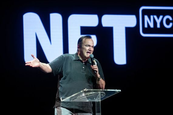 Filmmaker Quentin Tarantino speaks during the Annual Non-Fungible Token (NFT) Event in New York, U.S., on Tuesday, Nov. 2, 2021. NFT.NYC brings together over 500 speakers from the crypto, blockchain, and NFT communities for a three-day event of discussions and workshops. Photographer: Michael Nagle/Bloomberg via Getty Images