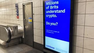 Coinbase ad on London Underground (Sheldon Reback/CoinDesk)