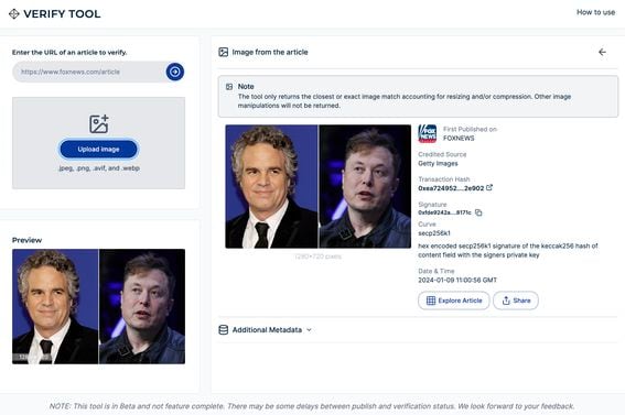 Verify authenticates the source of a Fox News image from an article about Elon Musk and deep fakes (Verify.fox, modified by CoinDesk)