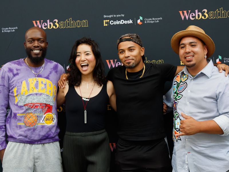 Left to right: Isaiah Jackson (founder of Black Bitcoin Billionaires), Tricia Wang (director of CRADL), Robbie Greenfield (of Umoja Labs) and Henry Jake Foreman (co-creator of IndigiDAO, a Web3athon participant).
