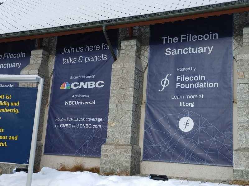 The Filecoin Foundation took over a local church in Davos to host programming in partnership with CNBC, as it did in 2022. (Nikhilesh De/CoinDesk)
