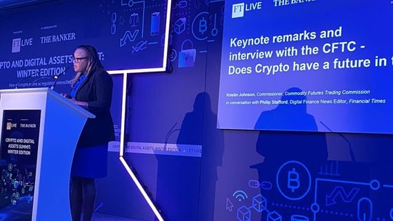 CFTC Commissioner Kristin Johnson speaking at the FT Crypto Winter event (Jamie Crawley/CoinDesk)