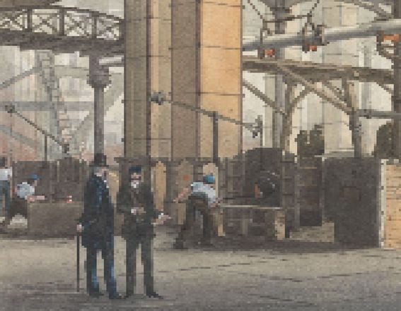 Pixelated version of a 19th-century painting of a factory interior.