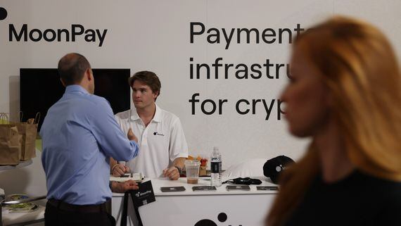 Halsey Huth. works the MoonPay booth at the Bitcoin 2021 Convention. (Joe Raedle/Getty Images)
