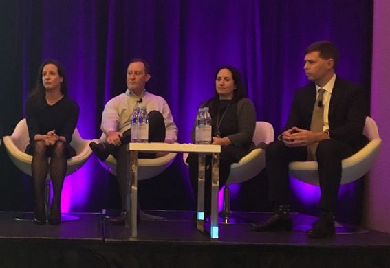 Christine Sandler (second from right) at an American Banker conference in 2018, photo by Marc Hochstein for CoinDesk