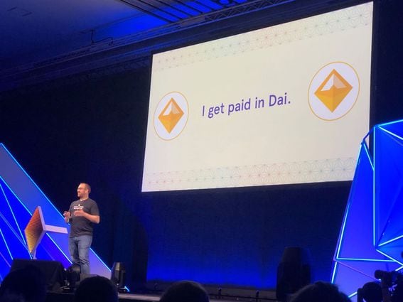 Mariano Conti presenting about how he uses DAI for daily expenses at Devcon5 image via Leigh Cuen, CoinDesk