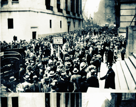 Panic on Wall Street, Oct. 24, 1929. (Associated Press/Wikimedia Commons, modified by CoinDesk)