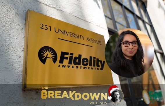 Signage with logo for Fidelity Investments in Palo Alto, California, with inset photo of Ria Bhutoria.