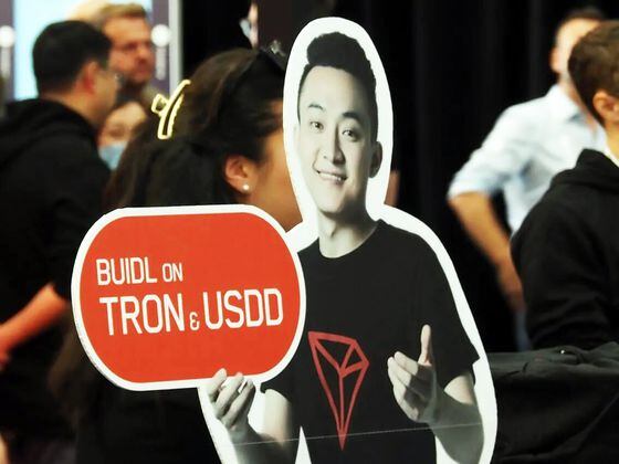 CDCROP: Tron founder Justin Sun cardboard cutout at Messari Mainnet (Danny Nelson/CoinDesk)