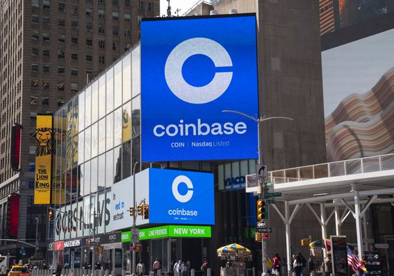 Coinbase signage in New York on the day of the crypto exchange's direct listing debut (Robert Nickelsberg/Getty Images)