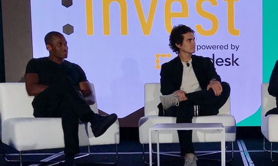 Arthur Hayes (left), CEO of BitMEX, and Chase Lochmiller, general partner at Polychain Capital, speak at Consensus: Invest 2017. (Brady Dale/CoinDesk archives)