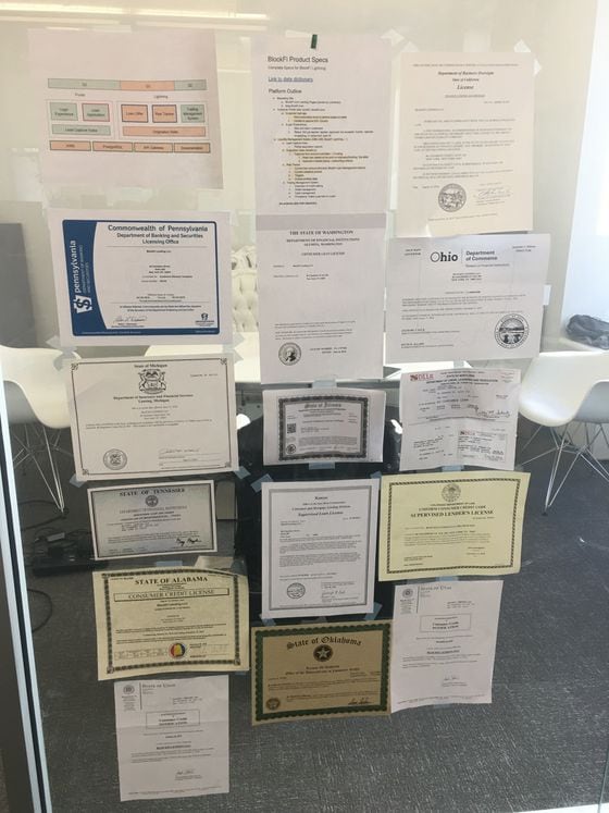  Some of BlockFi's state lending licenses on display at its office