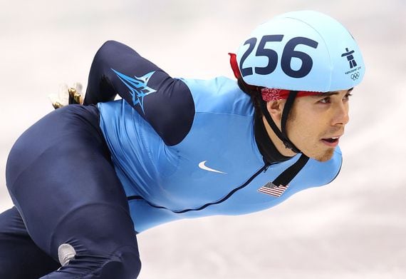 VANCOUVER, BC - FEBRUARY 24:  Apolo Anton Ohno of the United States competes in the Short Track Speed Skating Men's 500m heat on day 13 of the 2010 Vancouver Winter Olympics at Pacific Coliseum on February 24, 2010 in Vancouver, Canada.  (Photo by Jamie Squire/Getty Images)