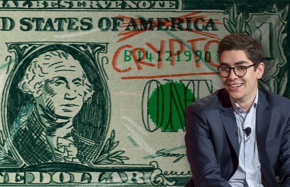 Nic Carter in front of crypto-dollar artwork by Sonny Ross.