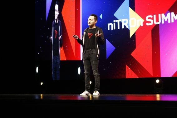 Tron CEO Justin Sun speaks at niTROn Summit 2019, photo by Brady Dale for CoinDesk