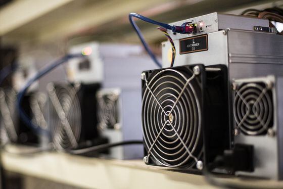 An Antminer bitcoin mining machine pictured in 2018. (Carlos Becerra/Bloomberg via Getty Images)