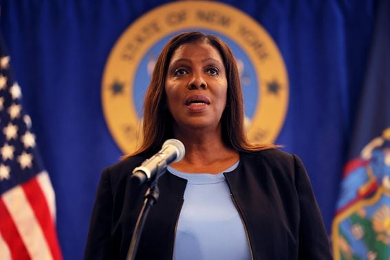 NEW YORK, NEW YORK - JULY 13: New York Attorney General Letitia James speaks during a press conference at the office of the Attorney General on July 13, 2022 in New York City. NY AG James announced today that her office has reached a settlement of $500,000 for more than a dozen current and former employees of the Sweet and Vicious, a bar in Manhattan, after a 16-month investigation into allegations of sexual harassment, discrimination and wage theft at the establishment.  (Photo by Michael M. Santiago/Getty Images)