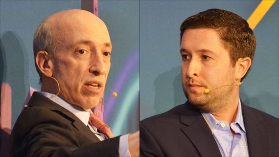 U.S. Securities and Exchange Commission Chair Gary Gensler and Grayscale Investments CEO Michael Sonnenshein. (Jesse Hamilton/CoinDesk)