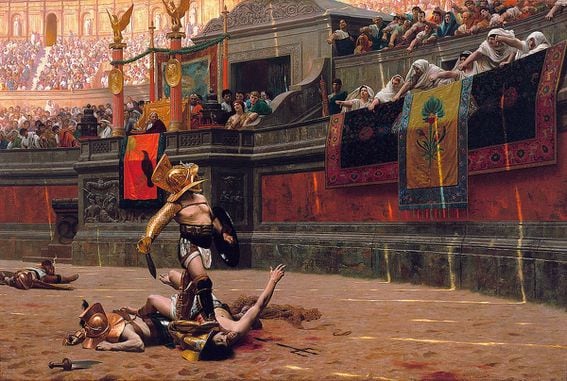 A large reprint of Jean-Leon Gerome's "Pollice Verso" hangs behind Charles Hoskinson in a recent video. (Wikimedia Commons)