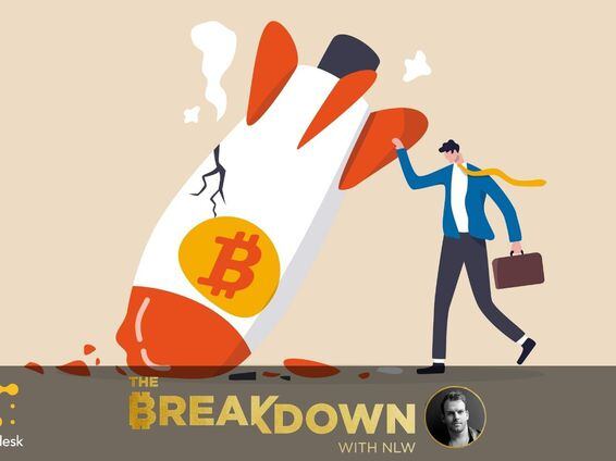 Illustration of a Bitcoin rockets crashed nose-first into the ground, and a business man next to it, as this episode investigates the recent bitcoin price dip and FUD surrounding it.