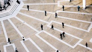 High angle view of pedestrians at Paternoster Square, London, UK