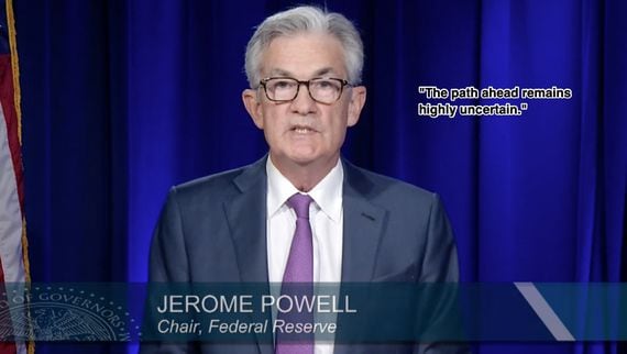 Federal Reserve Chair Jerome Powell speaking at virtual press conference on Wednesday. (Federal Reserve, modified by CoinDesk)