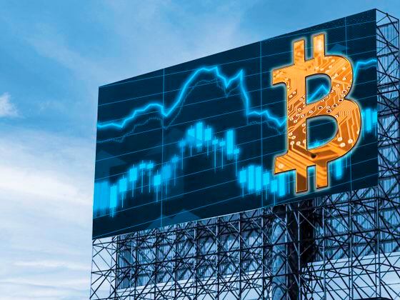 Bitcoin B symbol advert billboard information sign on a city centre background of financial market data in blues and orange. Crypto currency concept piece for marketing, banking, ledger technology, crypto awareness and ad purposes.