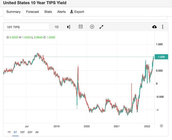 Yields on the 10-year TIPS just hit their highest level since 2018. (TradingView/CoinDesk)