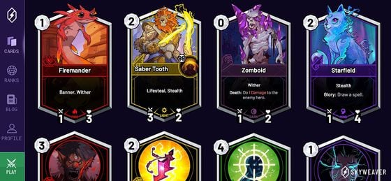 SkyWeaver cards and their characters' attributes.
