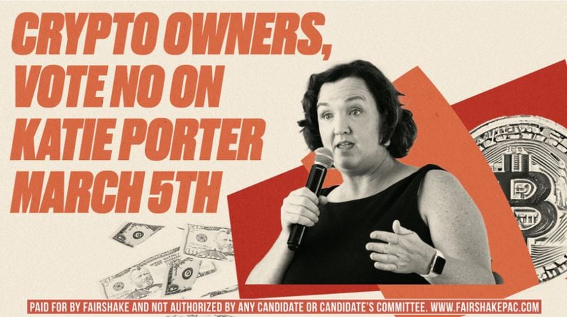 A graphic showing Katie Porter speaking into a microphone. There is a large Bitcoin symbol behind her on one side, and a flurry of paper bills on the other. Large text reads, "Crypto owners, vote no on Katie Porter March 5th"