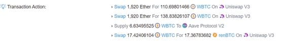 Over 4,000 ether were converted to wrapped bitcoin (wBTC), and then to renBTC. (Etherscan)