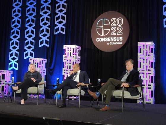 Former CFTC Commissioner Dawn Stump, CFTC Chairman Rostin Behnam and CoinDesk Chief Content Officer Michael Casey speak at Consensus 2022. (Nikhilesh De/CoinDesk)