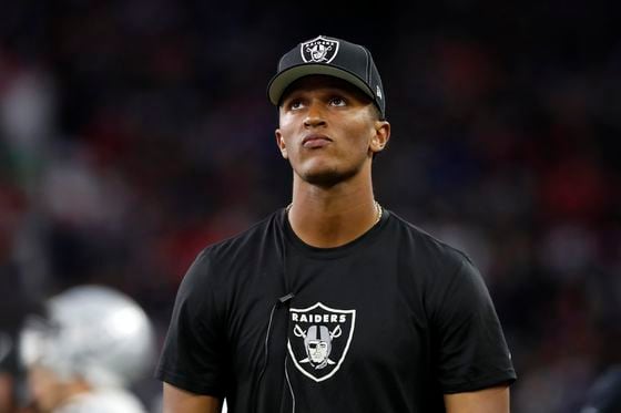 DeShone Kizer #14 of the Oakland Raiders reacts on the sideline of the Houston Texans at NRG Stadium on October 27, 2019. (Photo by Tim Warner/Getty Images)