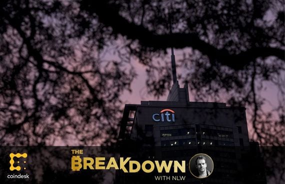 The Citigroup logo atop a building is pictured as NLW discusses the firm’s decision to trade no bitcoin futures and other institutional crypto news.