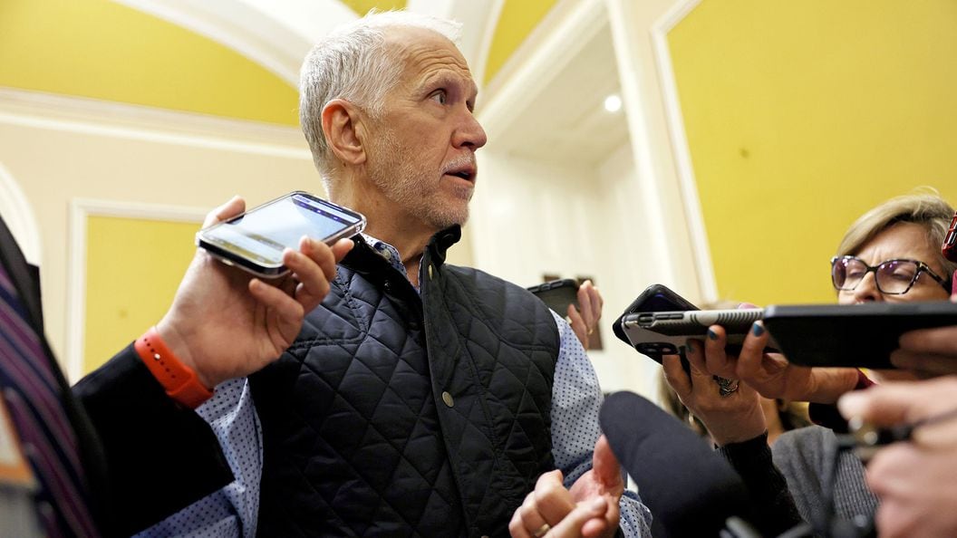 Sen. Thom Tillis (R-NC) speaks to reporters outside of the Senate Chambers in the U.S. Capitol Building on March 14, 2023 in Washington, DC. (Anna Moneymaker/Getty Images)